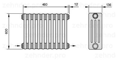 Схема (чертеж) Радиатор Zehnder Charleston 4060/10 №2670 Белый глянцевый RAL 9016